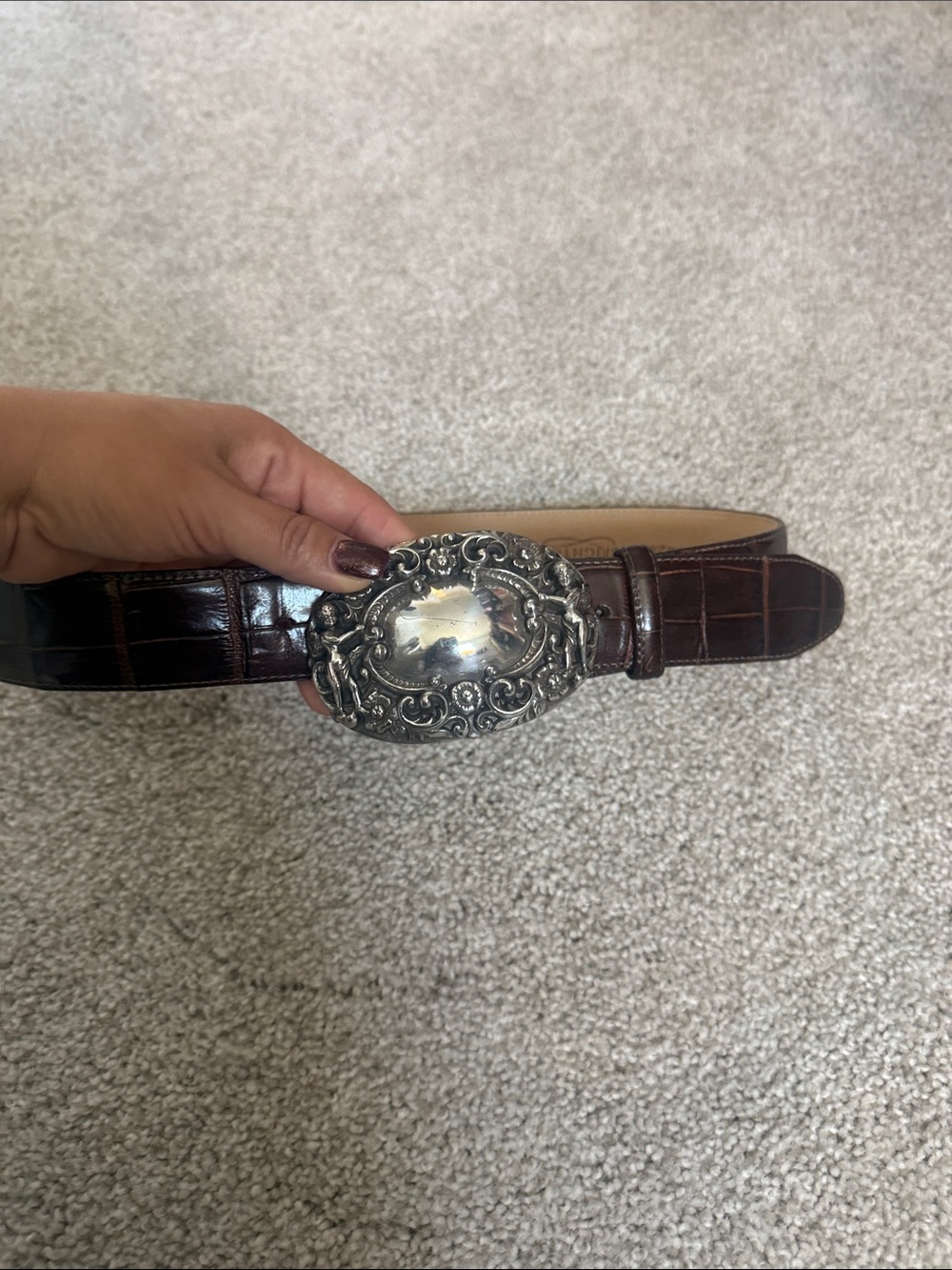 Brown Croc-Embossed Leather Belt with Ornate Silver Buckle